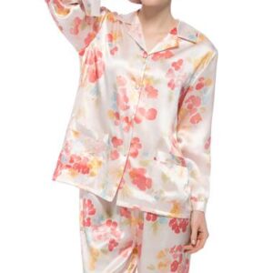 Best Selling Pretty Flower Open Collar Long Sleeves Silk Pajamas