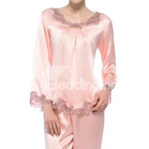 Beautiful Lace Edged Long Flutter Sleeves Silk Pajamas