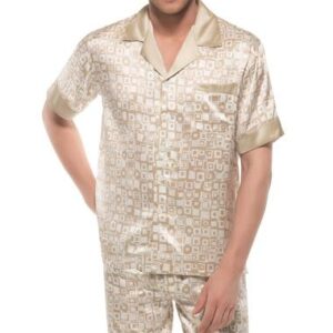 Stylish Apricot Checks Print Open Collar One Pocket Silk Pajamas