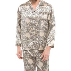 High Quality Paisley Flower Print Open Collar One Pocket Silk Pajamas
