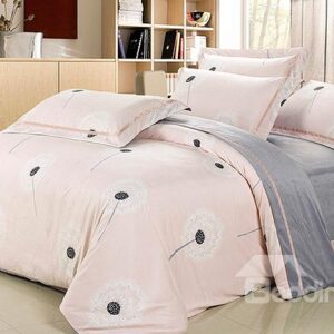 Super Soft Pink Dandelion Print 4-Piece Flannel Duvet Cover Sets