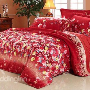 Golden Edge Red Flower Print 4-Piece Microfiber Duvet Cover Sets