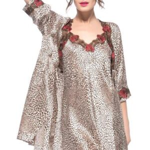 Wonderful Sexy Leopard Pattern Lace Trim Belted Robe Set