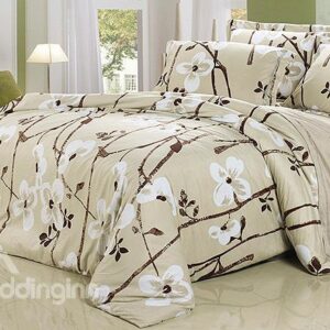 Elegant White Flower Print 4-Piece Flannel Duvet Cover Sets