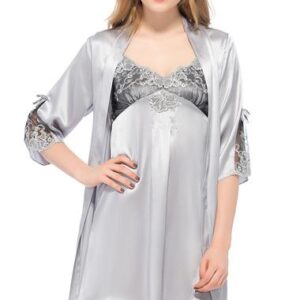 Wonderful Lace Trim Spaghetti Strap Gray Silk Robe Set