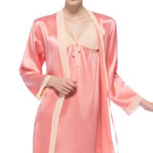 Wide Contra Trim Bowknot Silk Robe and Chemise Set