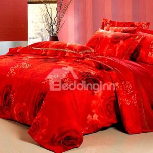 Luxury Red Rose Print 4-Piece Flannel Duvet Cover Sets