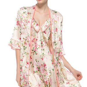 Floral Print Ruffle Trim Belted Silk Robe