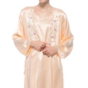 Elegant Embroidery Belted Mulberry Silk Robe and Chemi Set