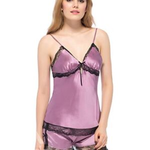Light Purple Contra Black Lace Border Silk Cami and Shorts Set