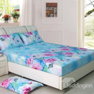Fancy Pink Flowers and Butterfly Pattern Lyocell Material Fitted Sheet