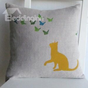 Cute Lovely Cat Watching Flying Butterflies Pattern Throw Pillow