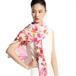 Pink Falling Flower In Silence Long Mulberry Silk Scarf