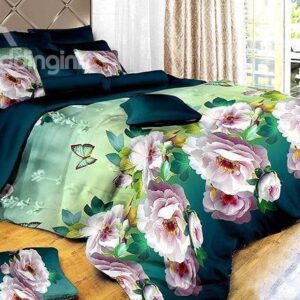 Fresh Butterfly and Flower Print 4-Piece Polyester Duvet Cover Sets