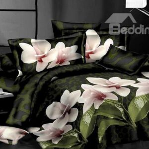 Pretty Magnolia Flower and Leaves Print 4-Piece Polyester Duvet Cover Sets
