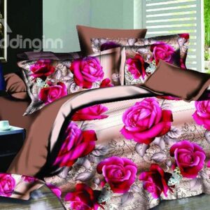 Beautiful Pink Rose Print 4-Piece Polyester Duvet Cover Sets