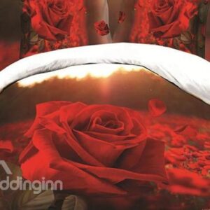 Fancy Red Rose Garden Print 4-Piece Polyester Duvet Cover Sets