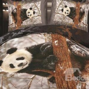 Very Cute Panda on Tree Print 4-Piece Polyester Duvet Cover Sets