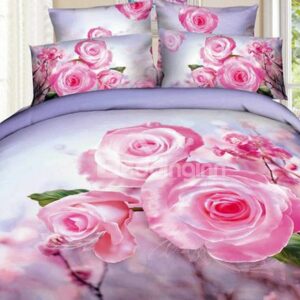 Charming Pink Flower Print 4-Piece Cotton Duvet Cover Sets