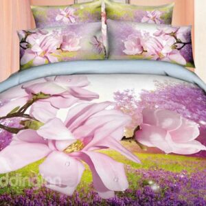 Wonderful Magnolia and Lavender Field Print 4-Piece Cotton Duvet Cover Sets