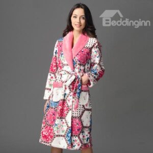 Graceful Pretty Colorful Floral Coral Fleece Bathrobe