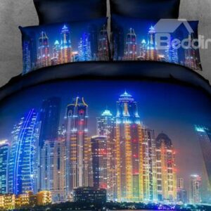Neon City of Night Print 4-Piece Cotton Duvet Cover Sets