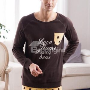 Cute Comfortable Brown Cotton Long Sleeves Men Pajama Set