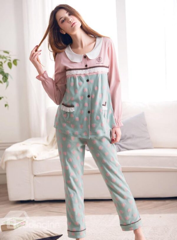 Sweet Comfortable Cotton Long Sleeves Lady Pajama Set
