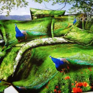 Adorable Peacock in Forest Print 4-Piece Polyester Duvet Cover Sets