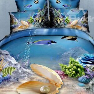 Wonderful Sea World Pearl and Fish Print 4-Piece Polyester Duvet Cover Sets