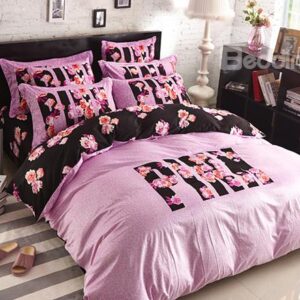 Fashion Pink and Black Pattern 4-Piece Coral Fleece Duvet Cover Sets