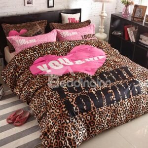 Hot Selling You and Me Leopord Pattern 4-Piece Coral Fleece Duvet Cover Sets