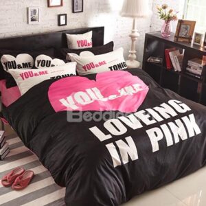 Loving in Pink with Black Ground Print 4-Piece Coral Fleece Duvet Cover Sets