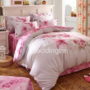 Excellent Pink Lily Flower Print 4-Piece Cotton Duvet Cover Sets