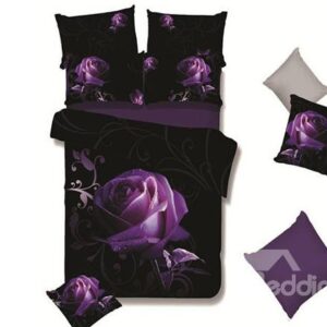 A Big Purple Rose with Grapevine Print 4-Piece Polyester Duvet Cover Sets