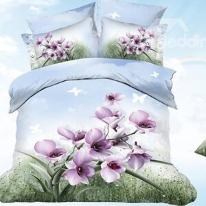 Wonderful Purple Flower and Butterfly Print Cotton Duvet Cover Sets
