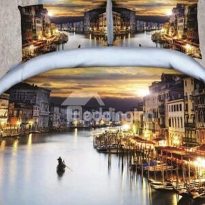 Peaceful Watery City Print 4-Piece Polyester Duvet Cover Sets