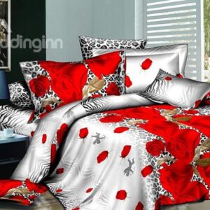 Red Rose and Leopard Pattern 4-Piece Polyester Duvet Cover Sets