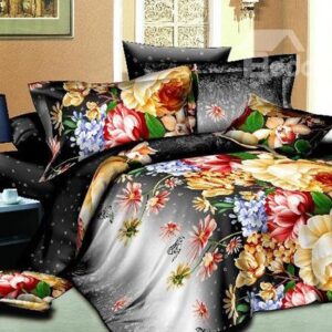 Vivid Colorful Flower Print 4-Piece Polyester Duvet Cover Sets