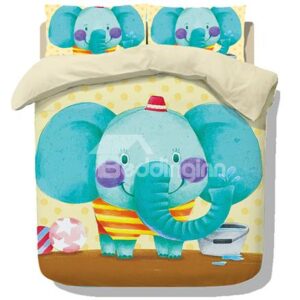 Super Cute Cartoon Elephant Print 4-Piece Coral Fleece Duvet Cover Set