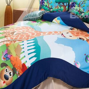 Cute Cartoon Giraffe Print 4-Piece Coral Fleece Duvet Cover Set