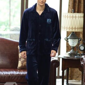 Comfortable Dark Blue Patched Pockets Flannel Male Pajamas Set
