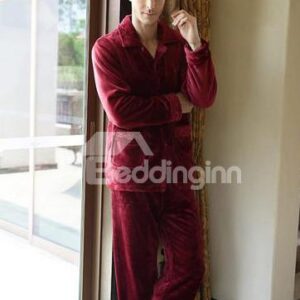 Comfortable Burgundy Patched Pockets Flannel Male Pajamas Set