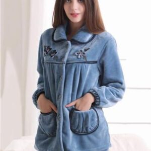 High Quality Cute Patched Pockets Flannel Lady Pajamas Set
