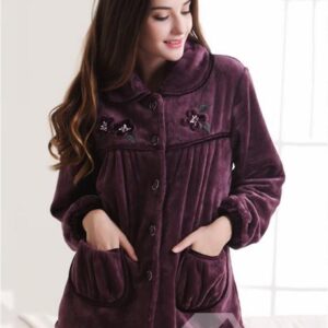 Doll Collar Patched Pockets Flannel Lady Pajamas Set