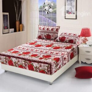Wonderful Bright Red Blooming Rose Pattern Fitted Sheet
