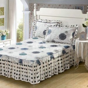 Concise Decor Blue and Black Tufted Flowers Pattern Soft Bed Skirt