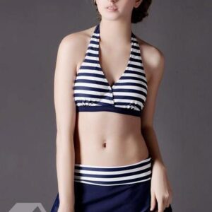 European 3 Pieces Blue And White Strap Bikini And Cover Up