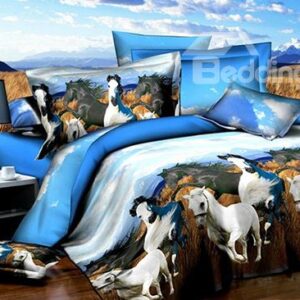 White Hores Running on Prairie Print 4-Piece Polyester Duvet Cover Sets