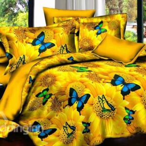 Butterfly Angel and Yellow Sunflower Print 4-Piece Polyester Duvet Cover Sets